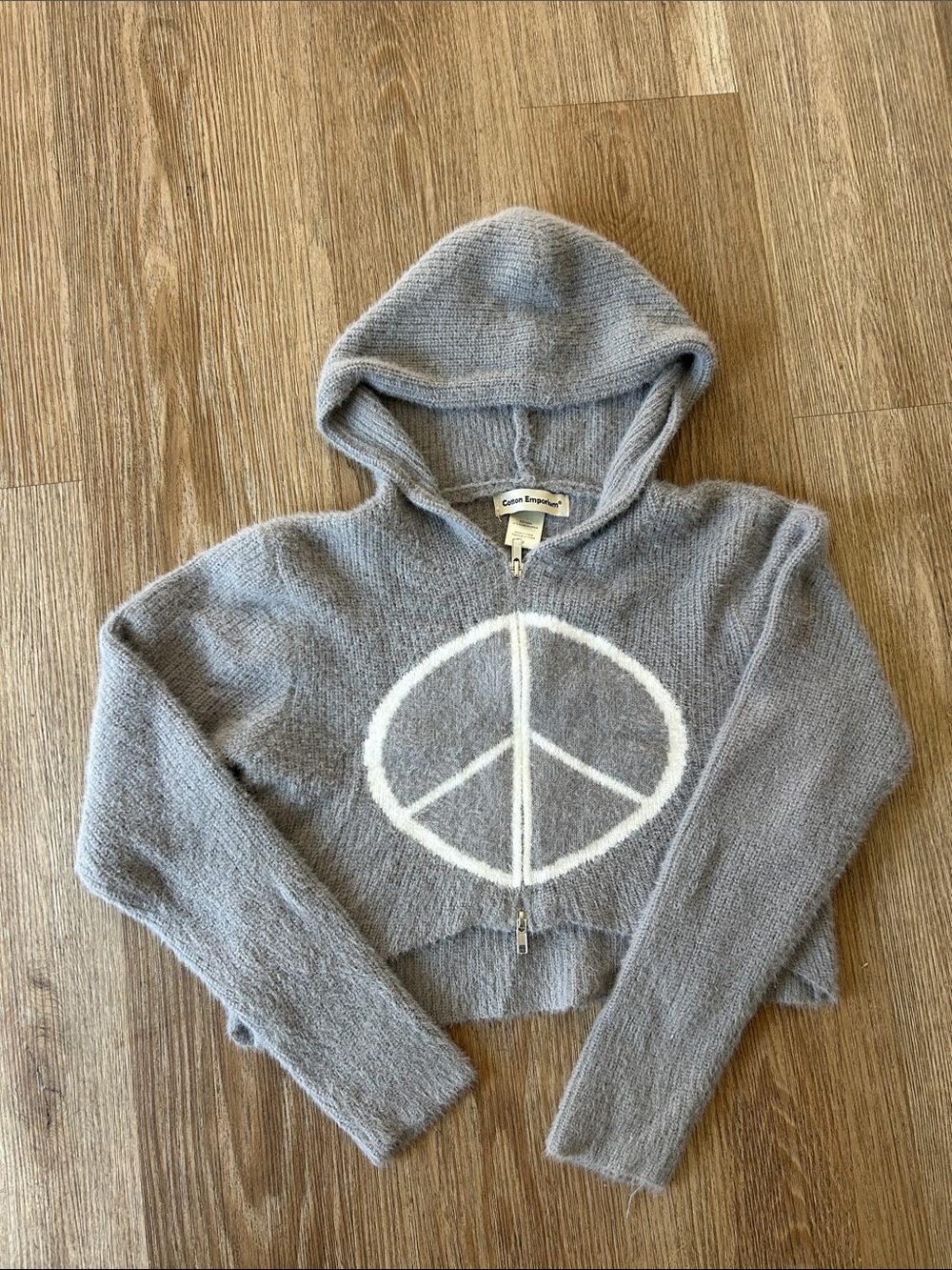 Cotton Emporium Gray Hooded Zip Sweater with White Peace Sign